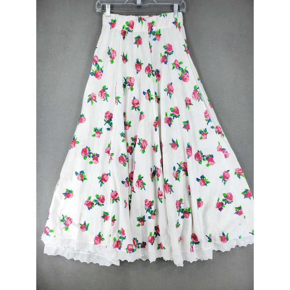 Jordache Studio Maxi Skirt Womens OS White Pink Floral Eyelet Trim Vintage 80s